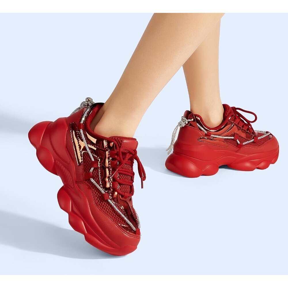 Women's 90s Chunky Sneakers Rope Platform Casual Thick Rave Walking Shoes Red - Picture 8 of 9